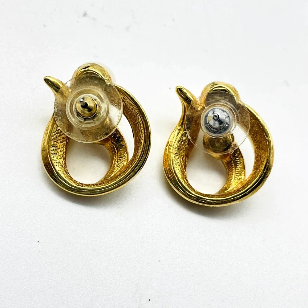 Vintage Avon Faux Pearl Gold Tone Swirl Pierced Earrings Statement Signed